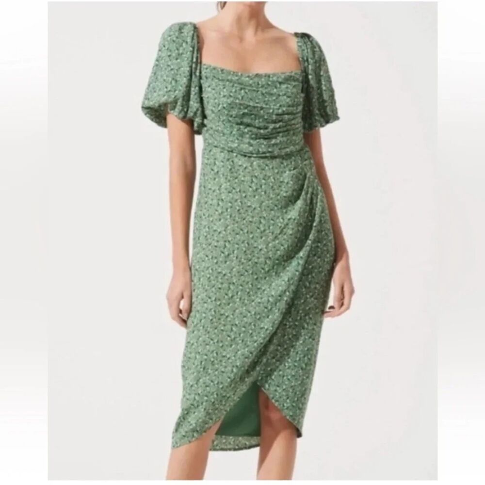 ASTR the Label Green Floral Ruched Midi Dress Square Neck Puff Sleeve XS Cottage